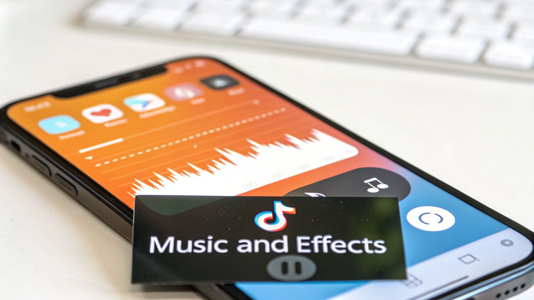 TikTok music and effects interface displayed on smartphone screen showing audio waveform and editing tools
