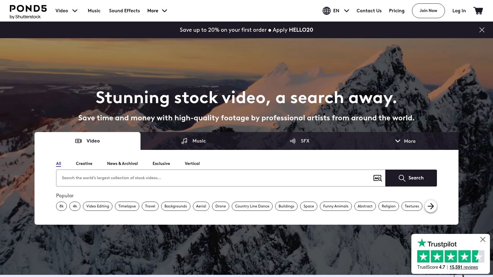 Pond5's interface showcasing its large library of stock music and sound effects.