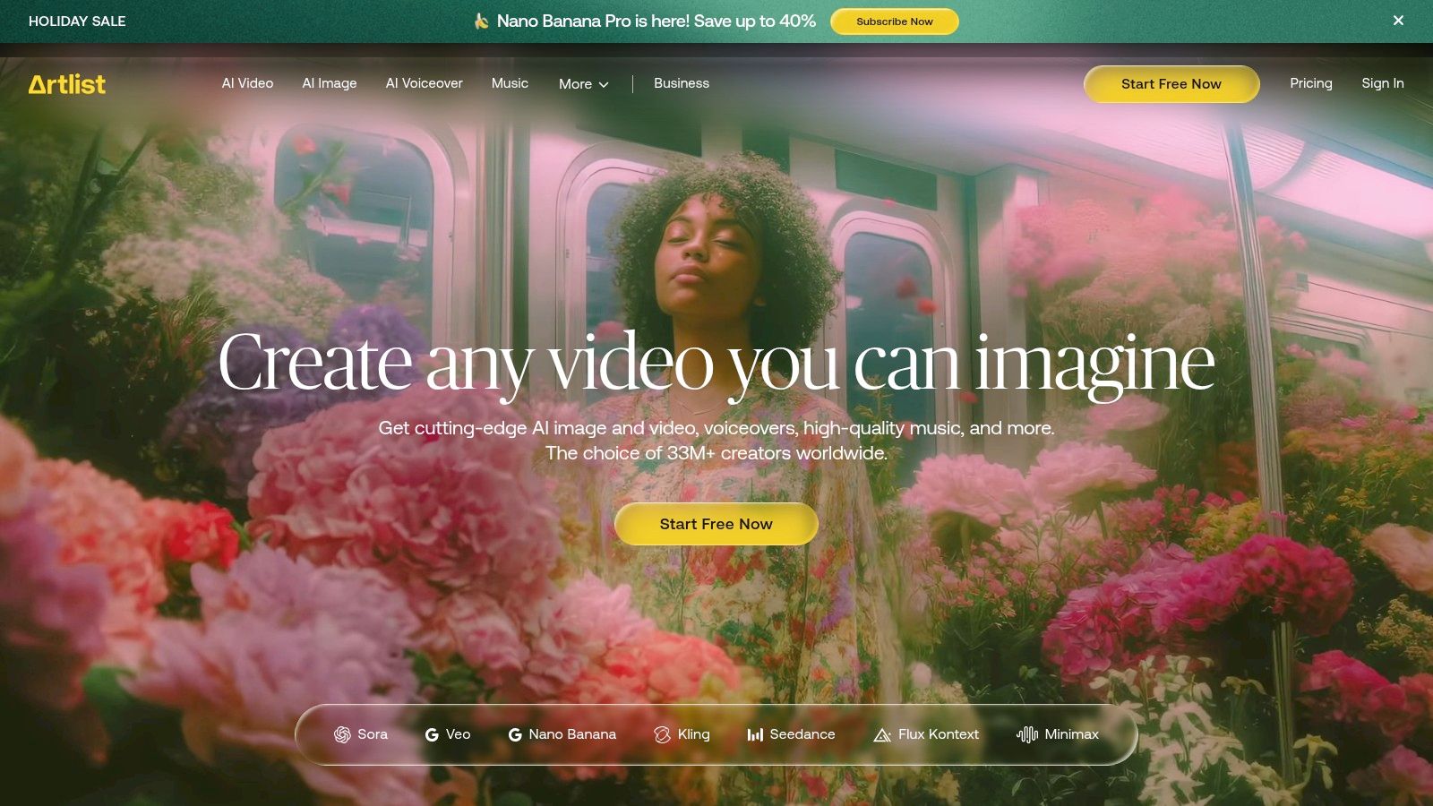 Artlist's user interface showing music categories for video creators.