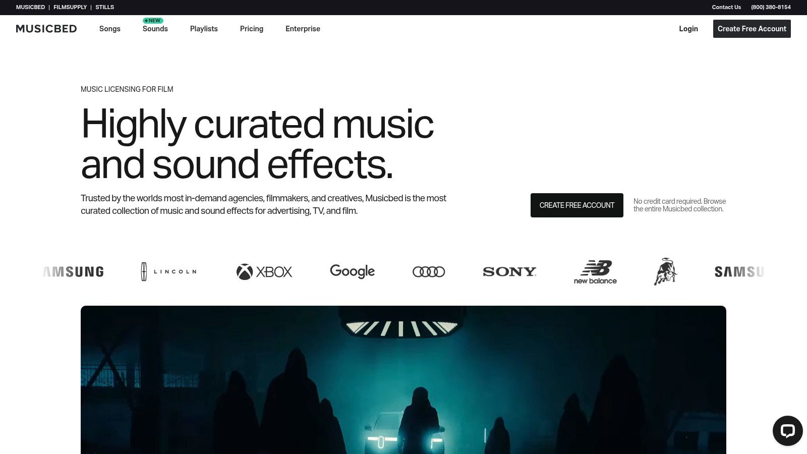 Musicbed's website homepage showcasing its curated music for filmmakers and creators.