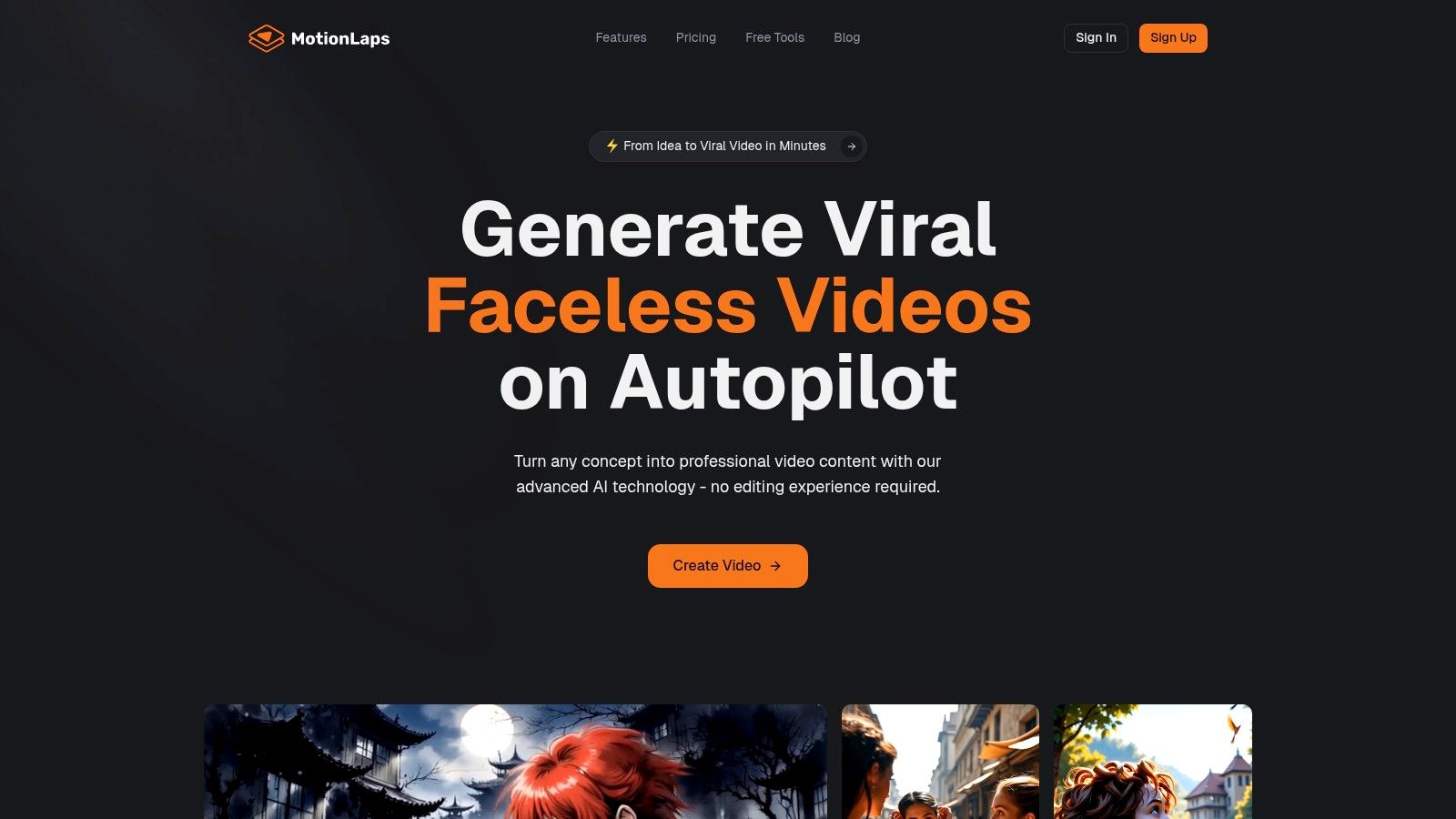 MotionLaps AI video generator landing page