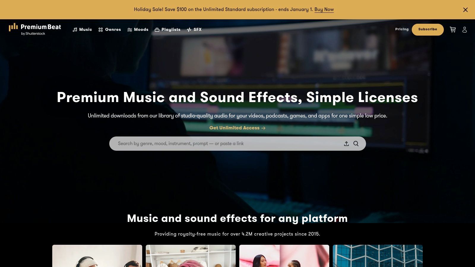 PremiumBeat's user interface showcasing a curated playlist for video creators.