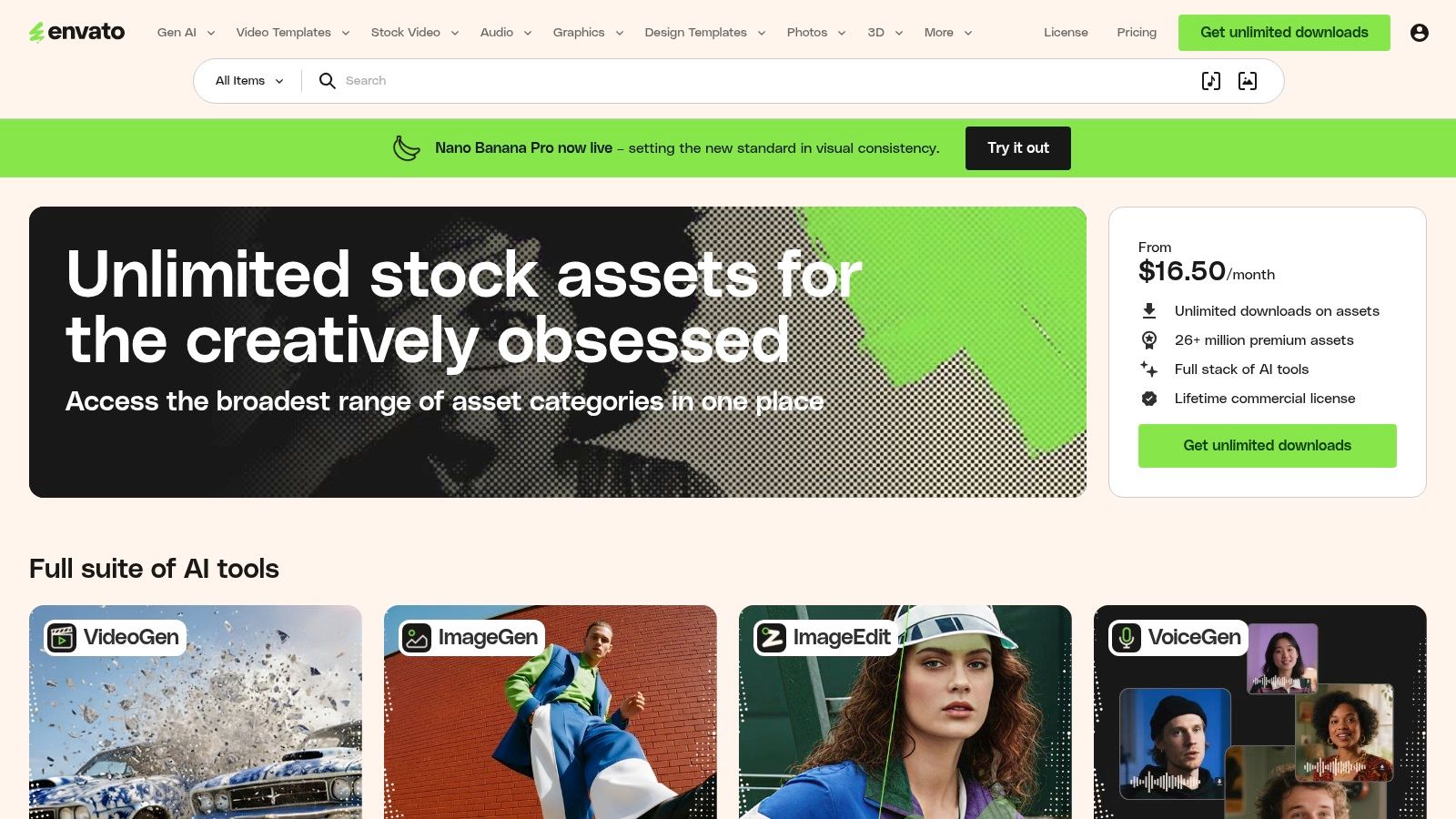 Envato Elements dashboard showing various creative asset categories.