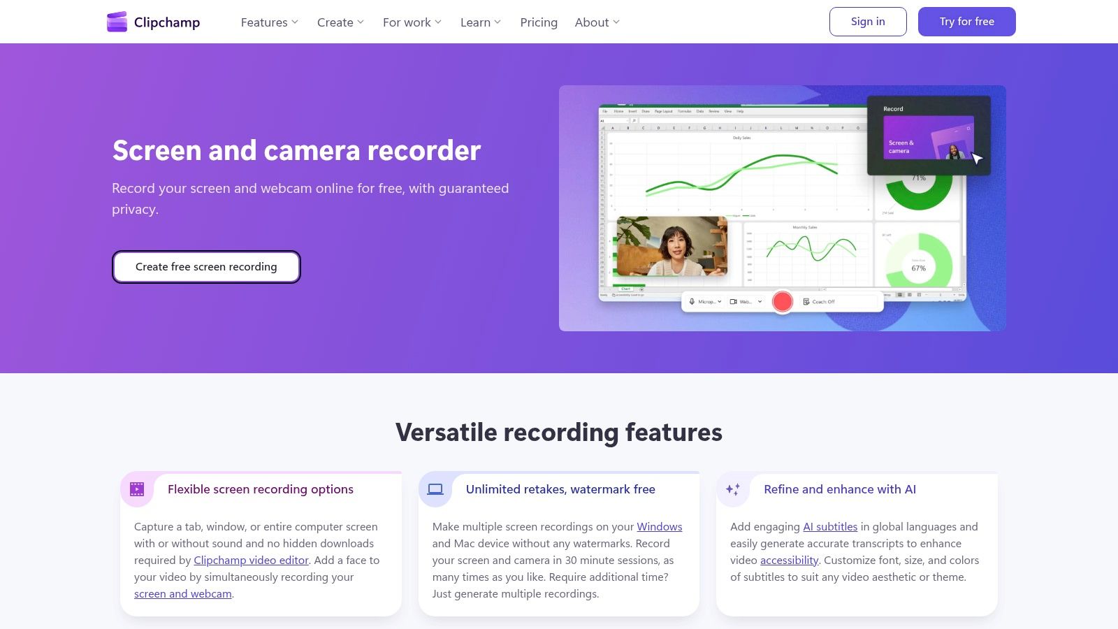 Microsoft Clipchamp (online screen & camera recorder)