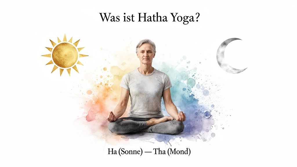 Bild erklärt Hatha Yoga: Meditierende Person mit Sonnen- und Mondsymbolen, Ha (Sonne) und Tha (Mond).