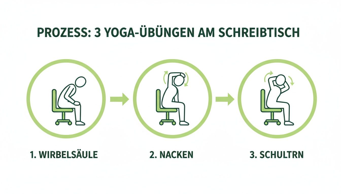 Illustration von 3 einfachen Yoga-Übungen am Schreibtisch zur Stärkung von Wirbelsäule, Nacken und Schultern.