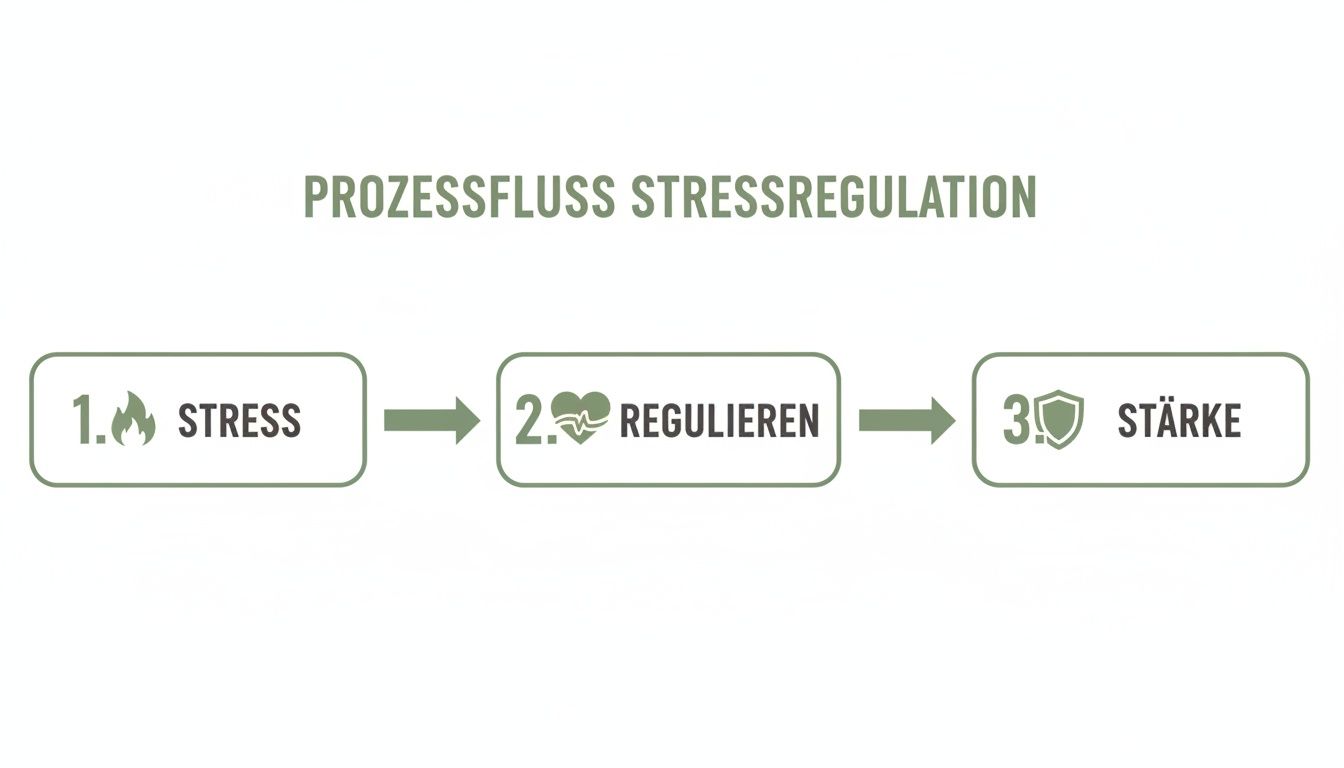 Flussdiagramm zur Stressregulation, das die Schritte Stress, Regulieren und Stärke in drei Phasen darstellt.