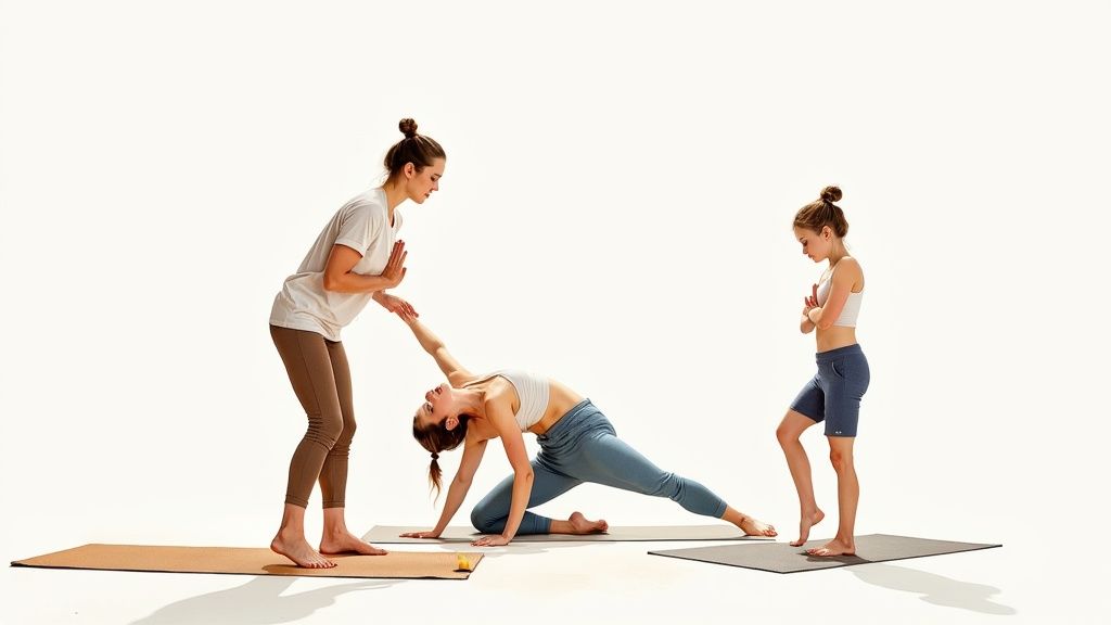 Yoga-Lehrerin unterstützt Schülerin bei Dehnübung, während eine weitere Schülerin zuschaut.