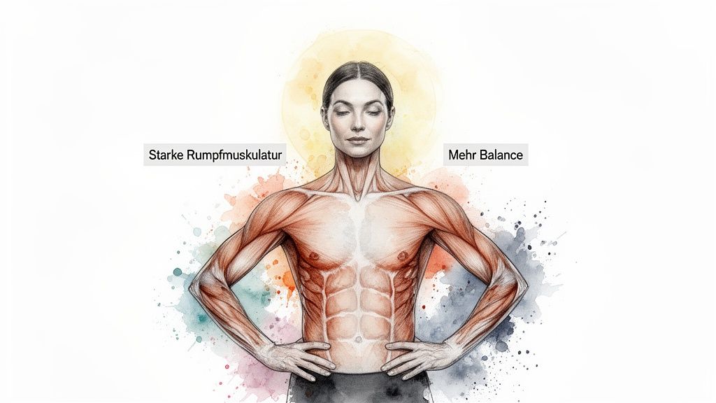 Illustration einer Person mit sichtbaren Rumpfmuskeln und den Texten „Starke Rumpfmuskulatur“ und „Mehr Balance“.
