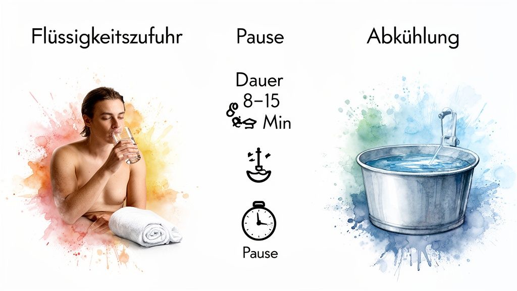 Bild zeigt eine Saunaroutine in drei Schritten: Flüssigkeitszufuhr, Pause und Abkühlung mit einem Bottich voll Wasser.
