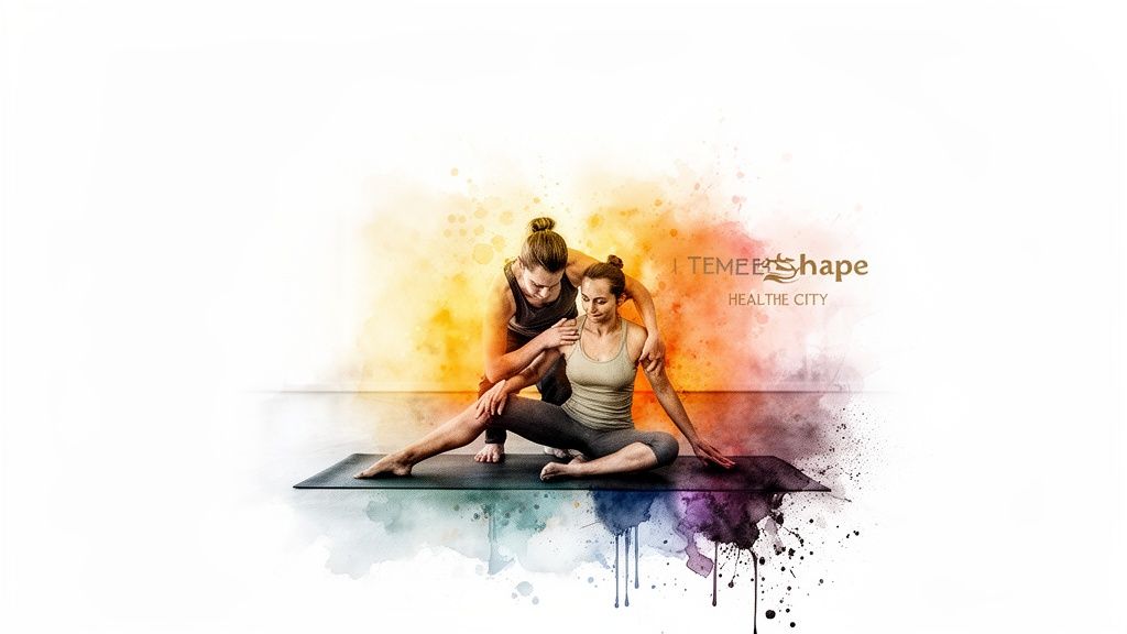 Zwei Frauen praktizieren Yoga auf einer Matte, eine assistiert der anderen, umgeben von farbigen Aquarellspritzern und dem Logo 'TEMPEE SHAPE HEALTHE CITY'.