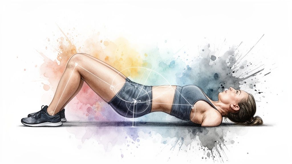 Frau führt eine Hüftbrücke auf dem Boden durch, um die Gesäßmuskulatur zu trainieren, umgeben von Farbspritzern.