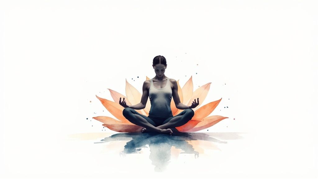 Frau meditiert friedlich in Lotusposition auf einer Lotusblume mit Spiegelung im Aquarellstil.