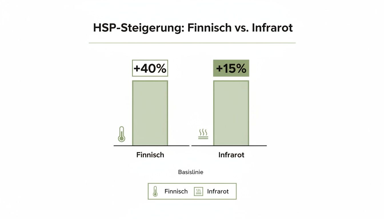 Balkendiagramm zeigt HSP-Steigerung: Finnische Sauna 40% und Infrarot 15%.