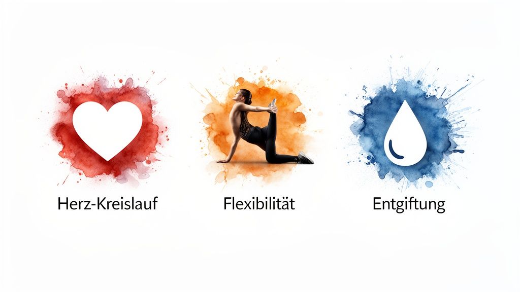 Drei Icons auf Farbspritzern: Herz für Herz-Kreislauf, Yoga-Pose für Flexibilität, Wassertropfen für Entgiftung.