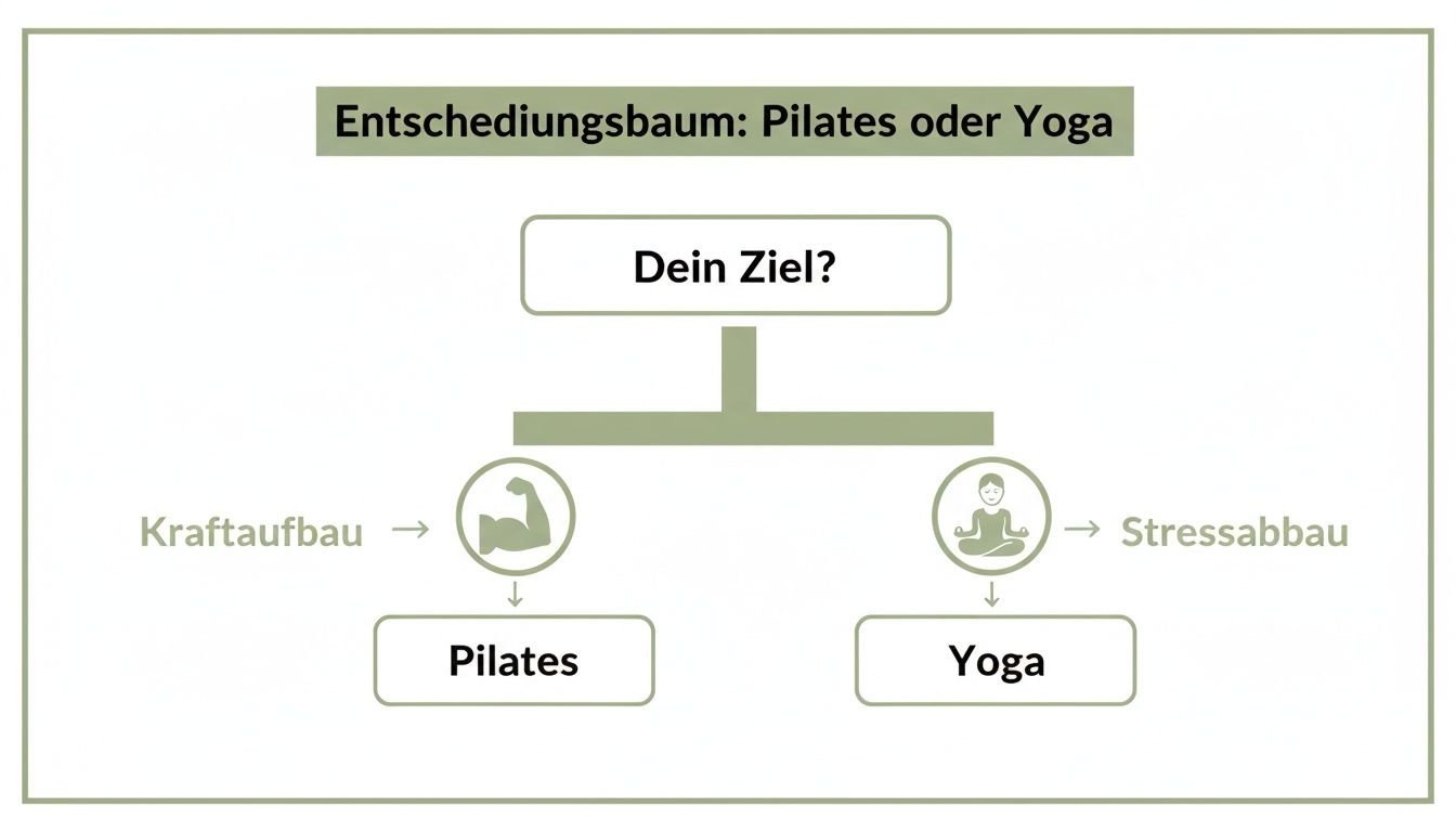 Entscheidungsbaum, der hilft, zwischen Pilates und Yoga zu wählen, basierend auf Zielen wie Kraftaufbau oder Stressabbau.