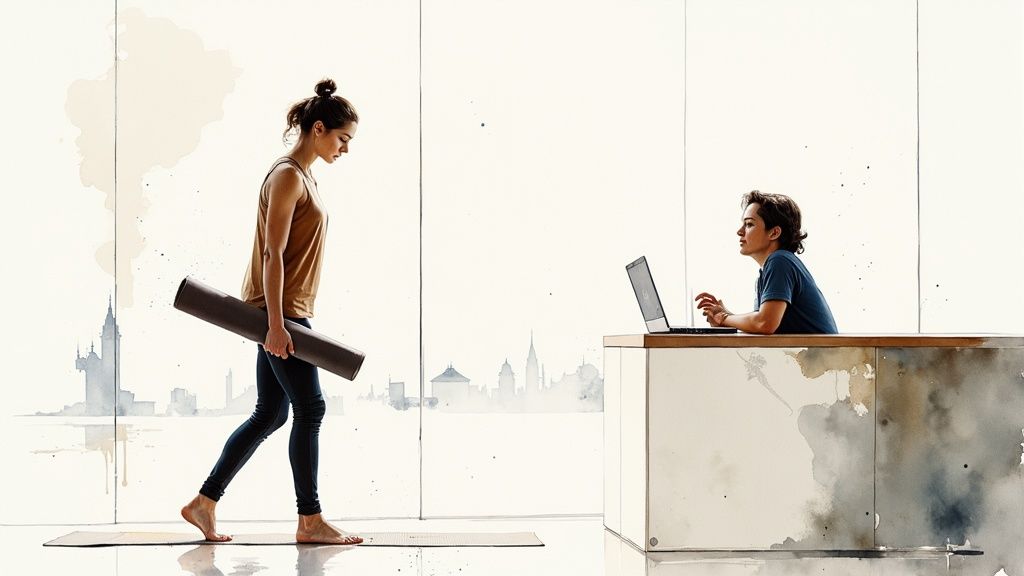 Eine Frau mit Yogamatte geht an einem Schreibtisch vorbei, an dem jemand am Laptop arbeitet, vor einer Stadtsilhouette.