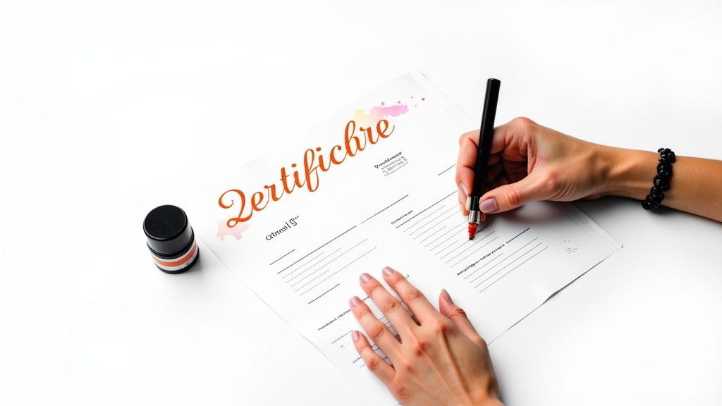 Eine Person unterschreibt ein Zertifikat mit einem Stift auf einem weißen Tisch, daneben steht ein Tintenfass.