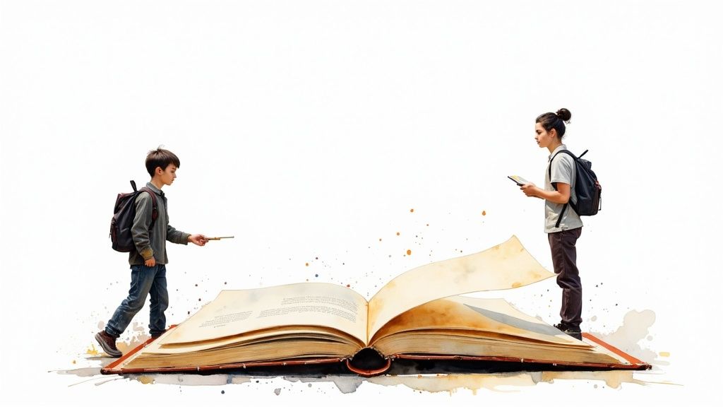 Zwei Studenten mit Rucksäcken stehen auf einem riesigen, geöffneten Buch, umgeben von Farbspritzern.