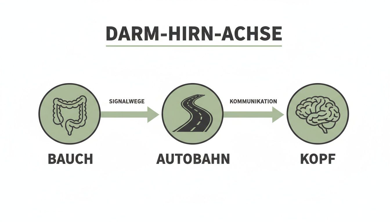 Diagramm der Darm-Hirn-Achse, das die Kommunikation zwischen Bauch (Darm) und Kopf (Gehirn) über Signalwege zeigt.