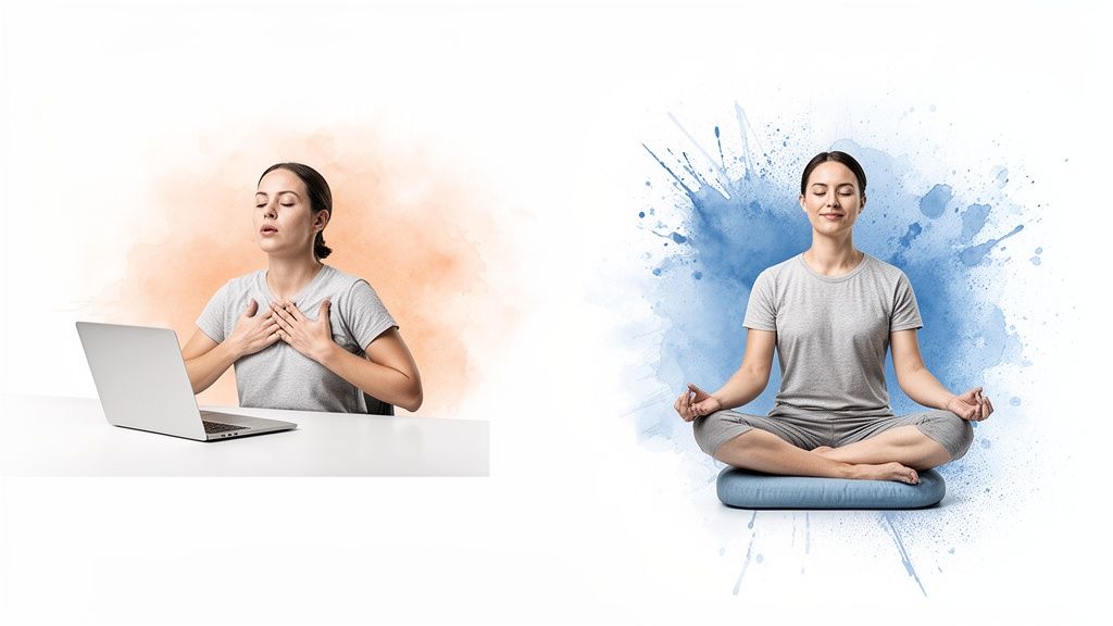 Frau atmet tief am Schreibtisch mit Laptop und meditiert ruhig auf Kissen.