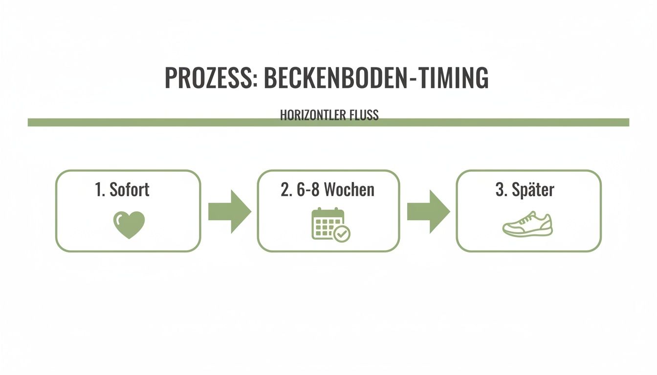 Diagramm zum Beckenboden-Timing-Prozess: Schritte sofort (Herz), 6-8 Wochen (Kalender) und später (Schuh).