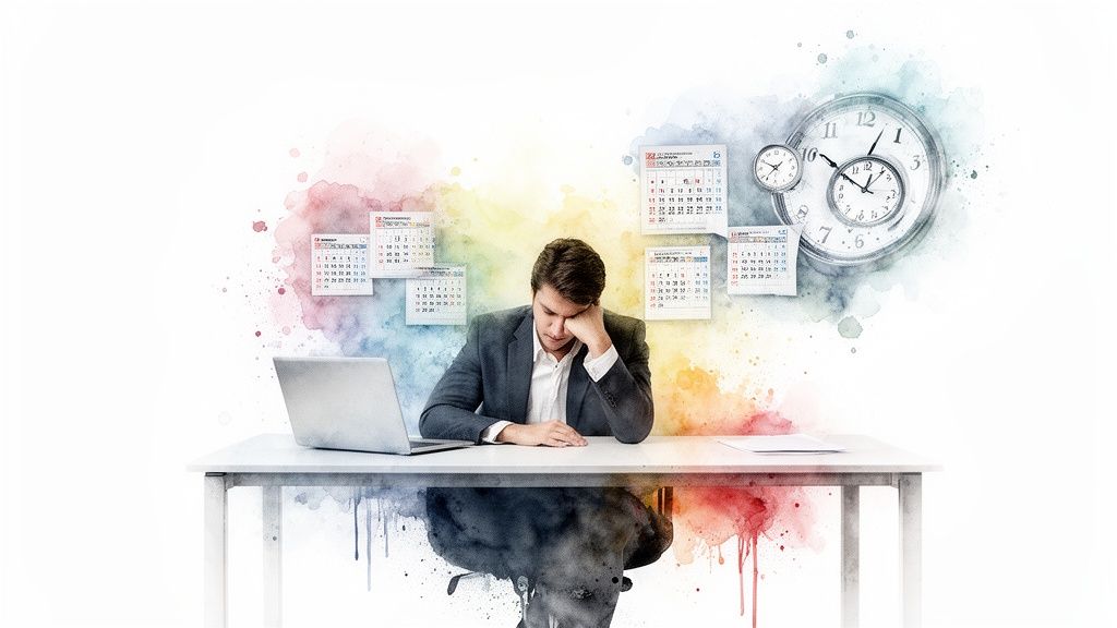 Müder Mann am Schreibtisch mit Laptop, umgeben von Kalendern und Uhren, symbolisiert Stress und Zeitmanagementprobleme.
