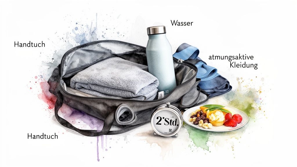 Eine offene Sporttasche mit Handtüchern, Wasserflasche, Sportkleidung und einem Teller gesunder Snacks.