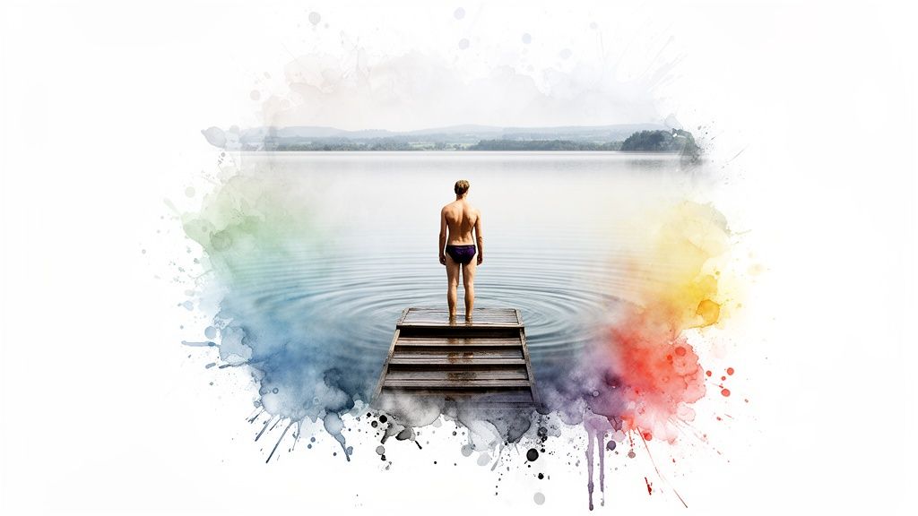 Ein Mann in Badehose steht auf einem Steg und blickt über einen ruhigen See mit Aquarellrahmen.