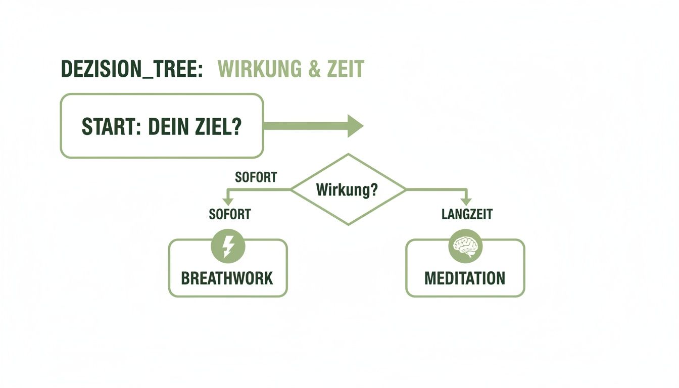 Ein Entscheidungsbaum, der hilft, zwischen Breathwork (sofortige Wirkung) und Meditation (langfristige Wirkung) zu wählen, basierend auf dem persönlichen Ziel.