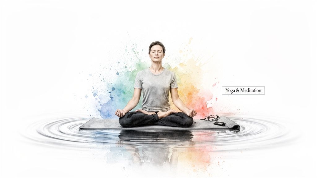 Eine Frau sitzt in einer Meditationspose auf einer Yogamatte, umgeben von bunten Farbspritzern und Wasserringen.