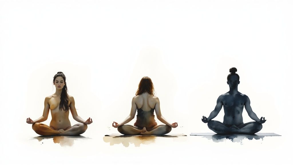 Drei Personen in verschiedenen Yoga-Posen meditieren, dargestellt als minimalistische Aquarell-Malerei.