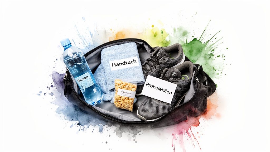 Sporttasche mit Wasserflasche, Handtuch, Snacks und Turnschuhen für eine Probelektion beim Bootcamp.