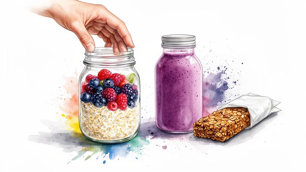 Eine Hand legt Beeren in ein Glas mit Haferflocken; daneben stehen ein lila Smoothie und ein Müsliriegel für ein gesundes Frühstück.