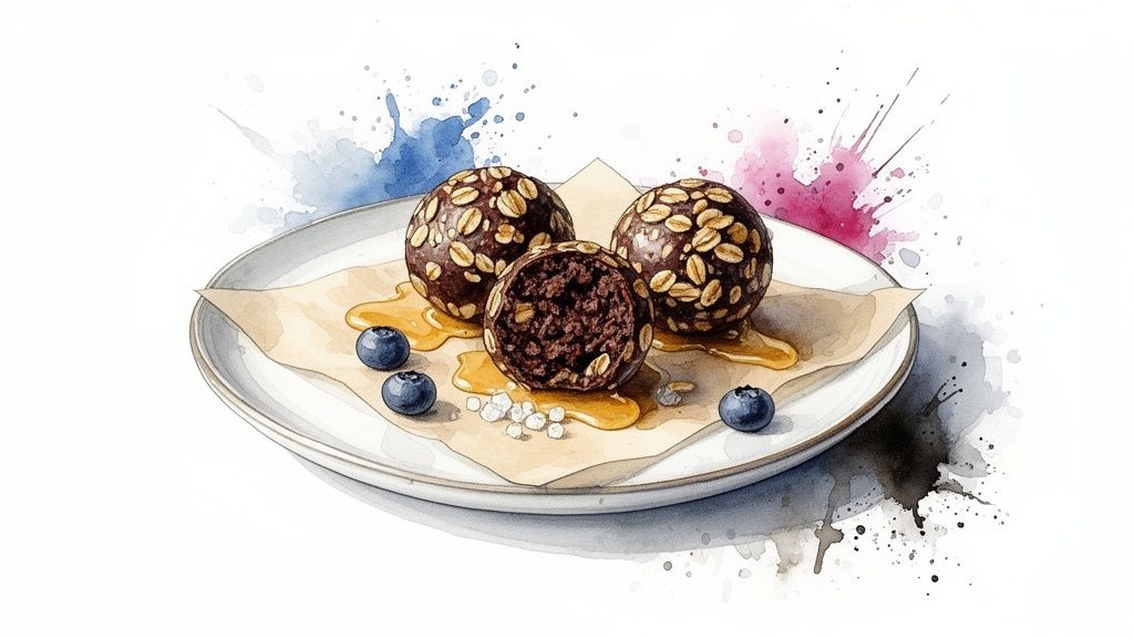 Energiebälle aus Hafer, Erdnussbutter und dunkler Schokolade