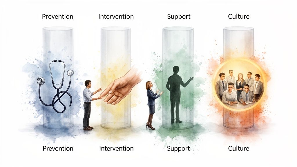 Vier Säulen des Corporate Wellness: Prävention (Stethoskop), Intervention (helfende Hände), Unterstützung (Personen) und Unternehmenskultur (Team).