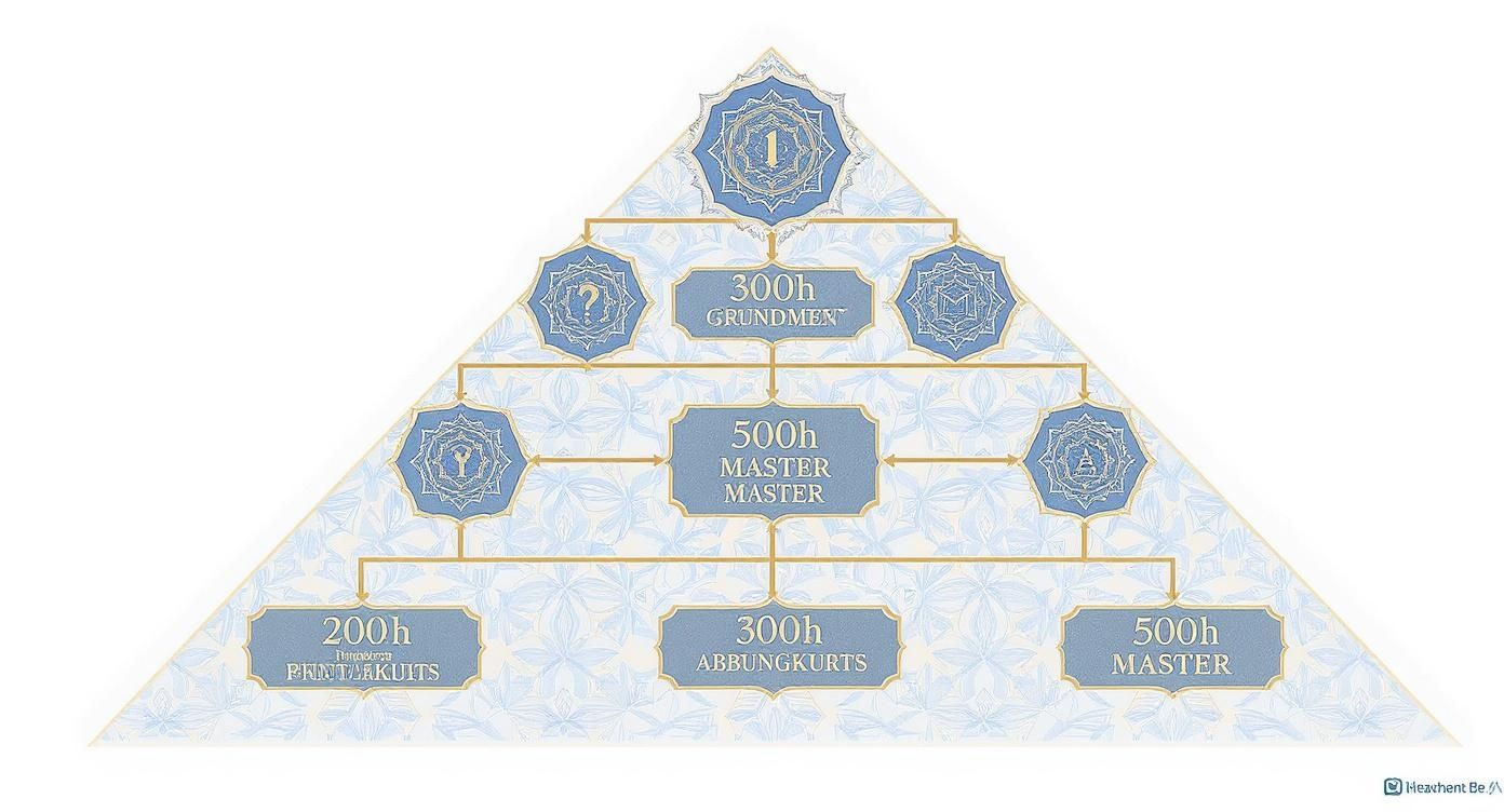 Strukturierte Übersicht über Yogalehrer-Ausbildungen mit verschiedenen Stufen, Stunden und Titeln.