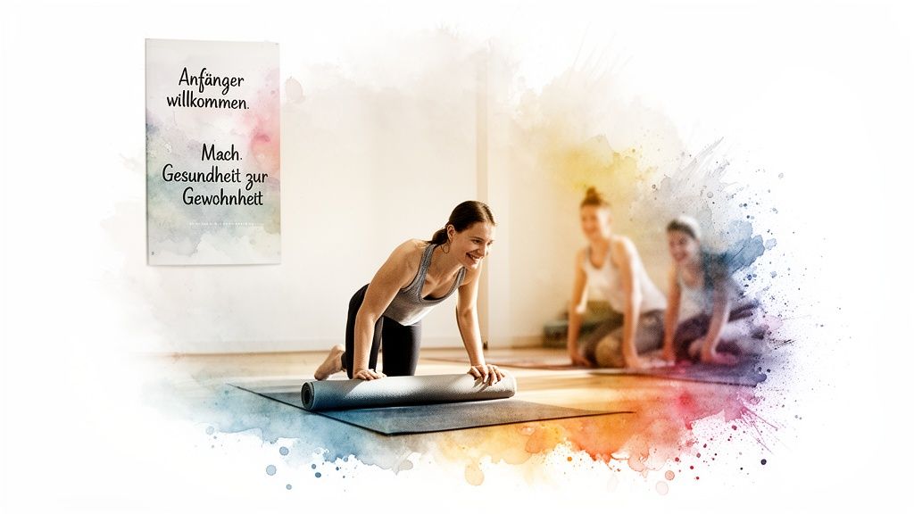 Eine lächelnde Frau rollt eine Yogamatte auf, im Hintergrund sind weitere Teilnehmerinnen. Ein Schild heißt Anfänger willkommen.