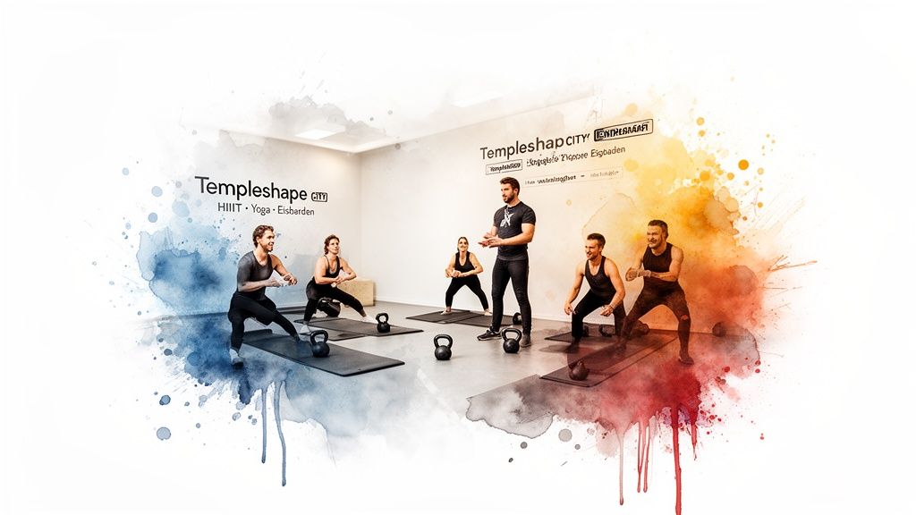 Gruppe von Menschen beim funktionellen Training mit Kettlebells und Trainer in einem Fitnessstudio.