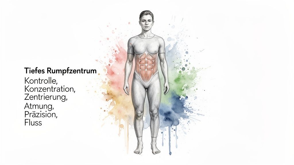 Abbildung des menschlichen Rumpfes mit hervorgehobenen Kernmuskeln, die Kontrolle, Konzentration und Präzision symbolisieren.
