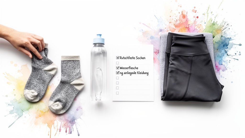 Flaches Layout von Fitness-Essentials: rutschfeste Socken, Wasserflasche, Sportbekleidung und eine Checkliste.