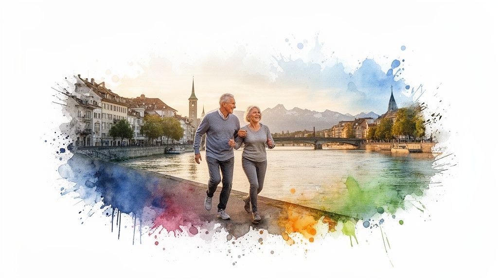 Glückliches älteres Paar joggt am Flussufer in einer malerischen Stadtlandschaft im Aquarellstil.