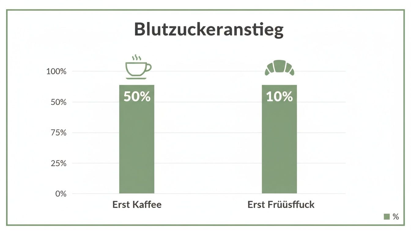 Balkendiagramm zum Blutzuckeranstieg: 50% nach Kaffee zuerst, 10% nach Frühstück zuerst.