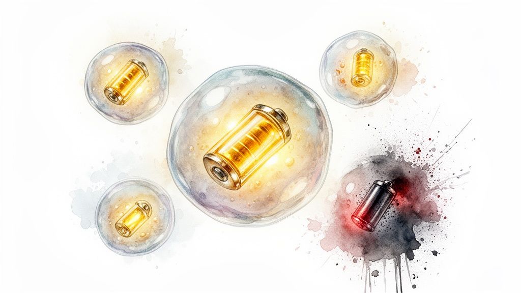Mehrere leuchtende Batteriezellen, eine davon groß und voll Energie, im Kontrast zu einer leeren, dunklen Zelle.