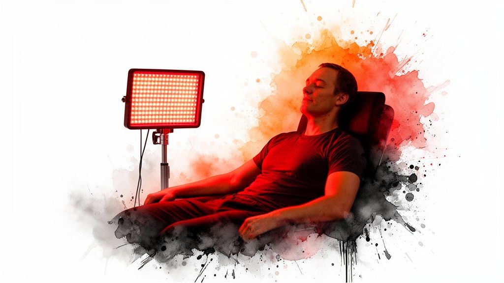 Ein Mann entspannt in einem Stuhl mit geschlossenen Augen, beleuchtet von einem roten Lichttherapiepanel. Farbspritzer umrahmen ihn.