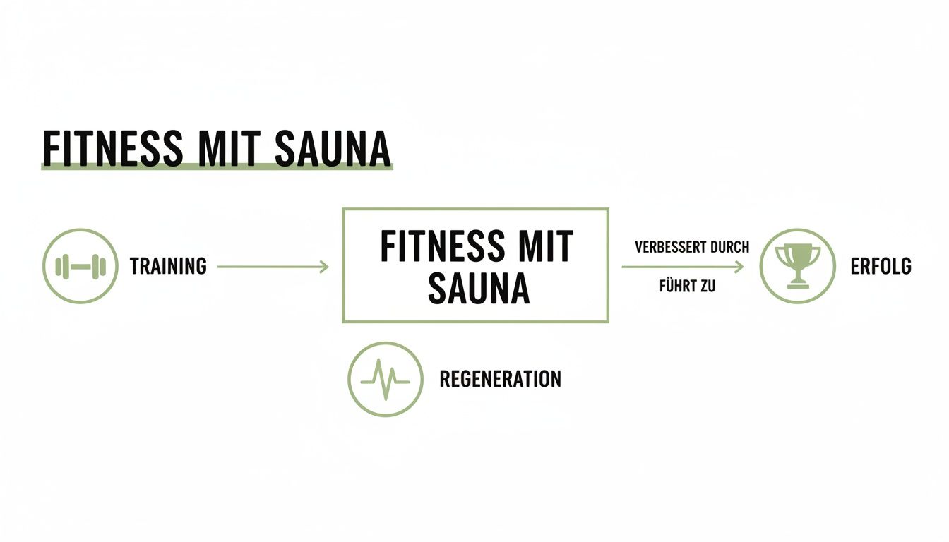 Flussdiagramm zeigt den Weg von Training und Regeneration zu Fitness mit Sauna und schließlich zum Erfolg.