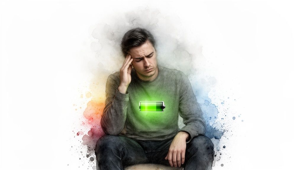 Müder Mann mit leuchtender, voll geladener Batterie auf der Brust, symbolisiert neue Energie.