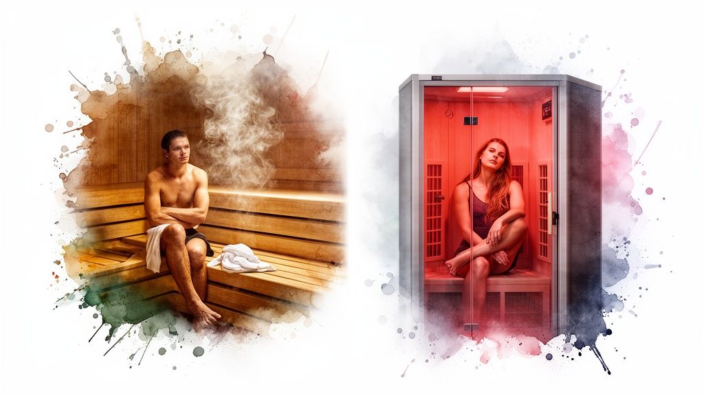 Ein Mann entspannt in einer finnischen Dampfsauna, während eine Frau eine Infrarotsauna mit rotem Licht genießt.