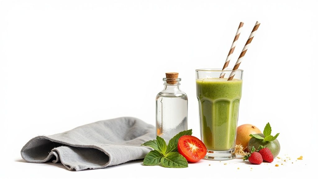 Ein frischer grüner Smoothie mit Strohhalmen, Wasserflasche, Früchten und Gemüse auf weißem Hintergrund.