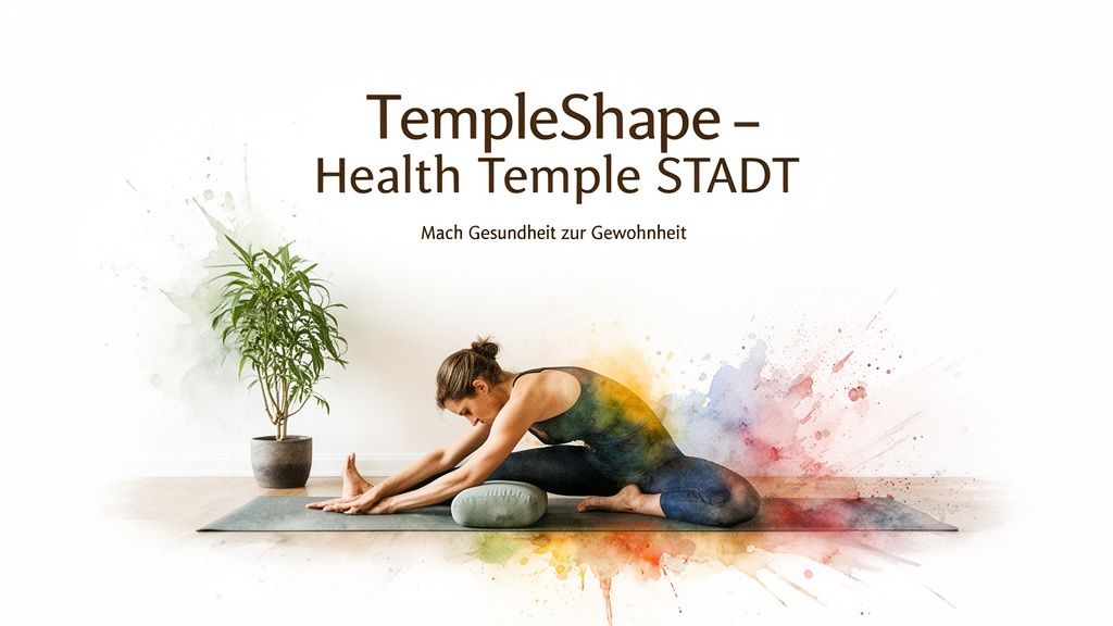 Eine Frau in Yoga-Pose auf einer Matte, umgeben von einem Pflanzentopf und bunten Aquarell-Farbspritzern. Text: TempleShape, Gesundheit zur Gewohnheit.